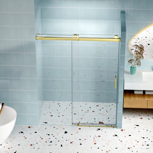 56" - 60" W x 76" H Frameless Soft-closing Single Sliding Shower Door, 1/4" (6mm) Tempered Glass with Explosion-proof Coating via Express Delivery, Gold 24D01-60GX
