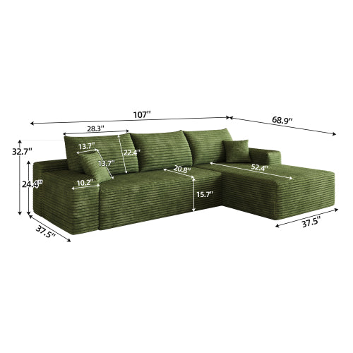 107 inch  Green Plush Corduroy L-Shape Chaise Cloud Modular Sofa, No Assembly