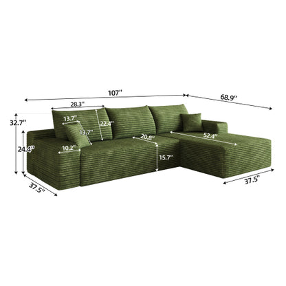 107 inch  Green Plush Corduroy L-Shape Chaise Cloud Modular Sofa, No Assembly