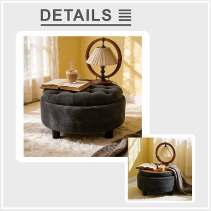 25 Inch Round Storage Ottoman, Dark Grey Tufted Fabric