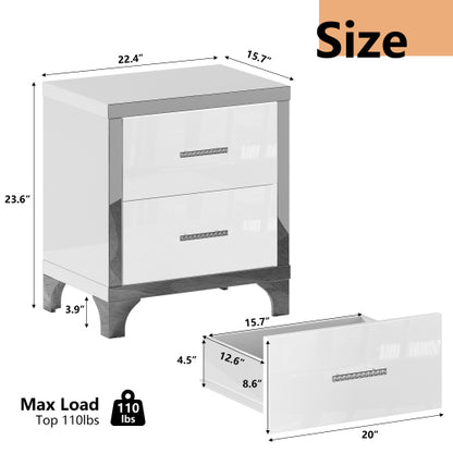 High Gloss Mirrored Nightstand with 2 Drawers,Modern End Table with Drawers,Mirrored High Gloss Wood Nightstand Metal Handle Bedside End Table for Bedroom, Dorm,Living Room,White