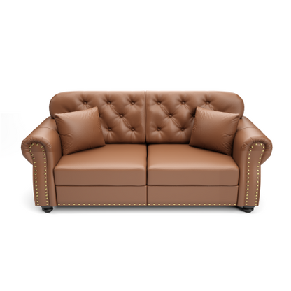 63 inch  Brown Mid-Century Faux-Leather Sofa,Nailhead Trim,Button Tufting,2 Pillows
