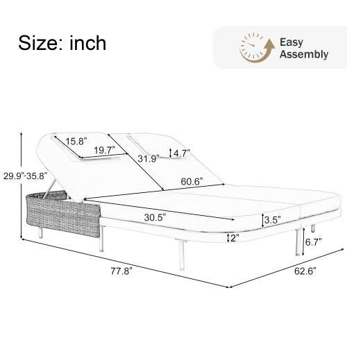 TREXM Outdoor Daybed, Patio Rattan Daybed with 5-Position Adjustable Backrest and Removable Cushions&Pillows, Iron Frame Outdoor Bed Loveseat for Garden, Backyard, Poolside (White Frame+Beige Cushion)