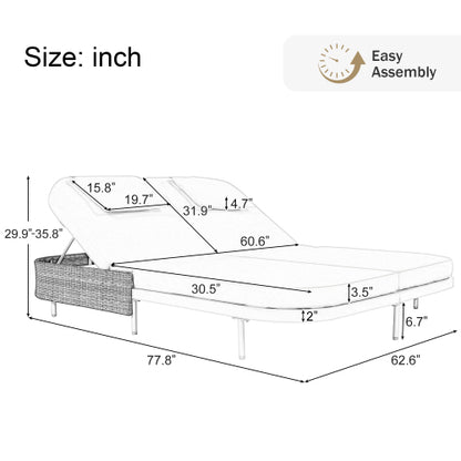 TREXM Outdoor Daybed, Patio Rattan Daybed with 5-Position Adjustable Backrest and Removable Cushions&Pillows, Iron Frame Outdoor Bed Loveseat for Garden, Backyard, Poolside (White Frame+Beige Cushion)