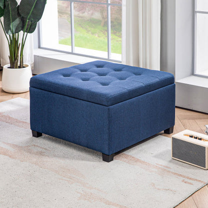 Blue Button Tufted Storage Ottoman with Flip Top, Eucalyptus Wood Frame Square Foot Stool with Safety Metal Hinge