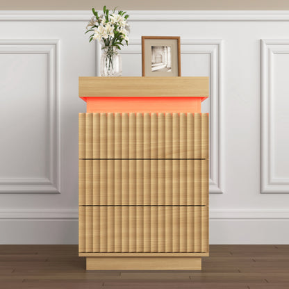 2 Pack Natural Nightstand, Sliding Top Charging Station & RGB LED with Fluted Drawers