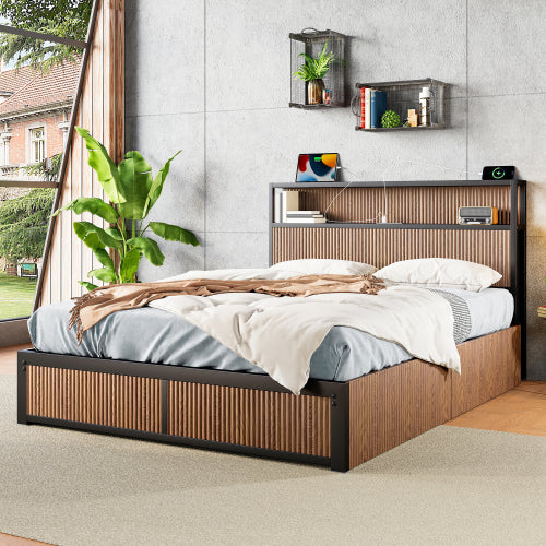 Large raised-pattern storage bed frame, wooden platform bed frame with multiple drawer storage function, bedside socket, brown wood (Queen)