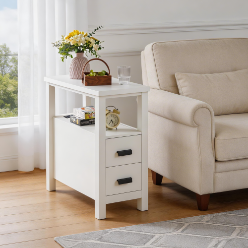 End Table with Charging Station,Side Tables with USB Ports & Outlets,Side Table with 2 Drawers, Small Wood Bedside Table, Small Rustic Side Table, Modern End Table with Drawer