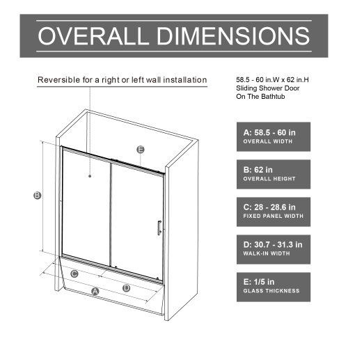 60.in W x 62.in H Single Sliding Shower Door for Bathtub, 1/5 inch Thick Clear Tempered Glass Shower Door with Stainless Steel Handle, Black