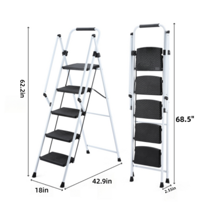 ladder, folding ladder stool, with anti slip wide pedals, steel ladder, with safety anti slip handle, lightweight 330 pound portable steel ladder stool in White 5 steps