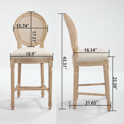 Solid Wood Bar stools Set of 2 Classic French Country Wooden Barstools with Upholstered Seating  Kitchen Bar Stool for Bar Counter Rattan - Beige