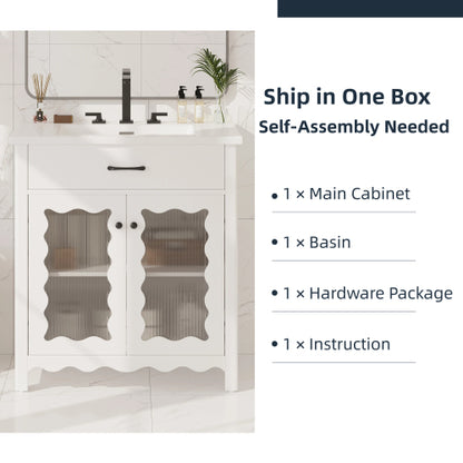 31" Bathroom Vanity with Tempered Glass, Modern Bathroom Cabinet with Rubber Wood legs and Soft close Doors, White