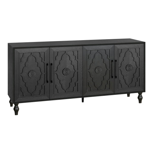 Black Carved Flower Door Storage Cabinet Metal Handle Large Hall Console TV Stand