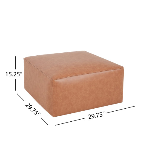 Tan Brown PU Leather Square Ottoman, Modular Upholstered Foot Stool, 29.5 inchW x29.5 inchD x15 inchH with Pocket Coil Cushion