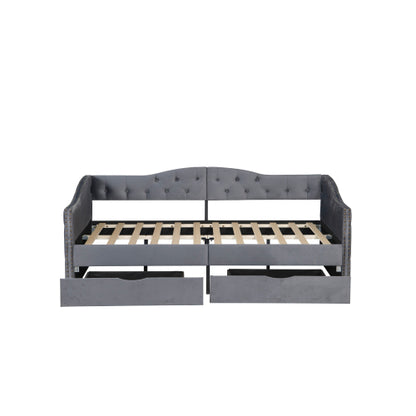 Upholstered Daybed with Storage Drawers, Wood Daybed Twin Size, with USB ports & 2 storage drawers, No Box Spring Needed, Grey