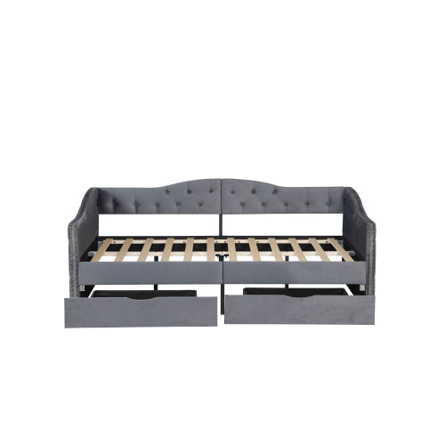 Upholstered Daybed with Storage Drawers, Wood Daybed Twin Size, with USB ports & 2 storage drawers, No Box Spring Needed, Grey