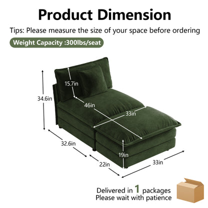 Green Chenille Armless 1-Seat Modular Sofa Unit with Ottoman, Solid-Wood Frame, Assembly-Required