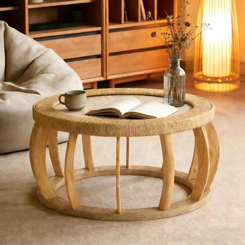 35.43inch  Round Vintage Rattan Coffee Table Solid Wood Boho Curved Leg Accent