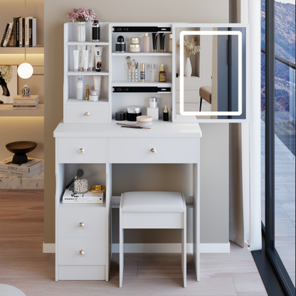 29.2 inch  Small Vanity Table w/ LED Mirror, Left Drawer, 3-Color Dimmable Light & Stool
