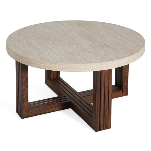 31.5inch  Round Coffee Table Marble Pattern Top Wood Grain Base Modern Accent