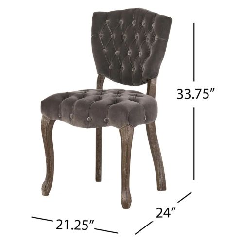 Tufted Velvet-Look Dining Chairs with Carved Wood Legs, Set of 2, Charcoal
