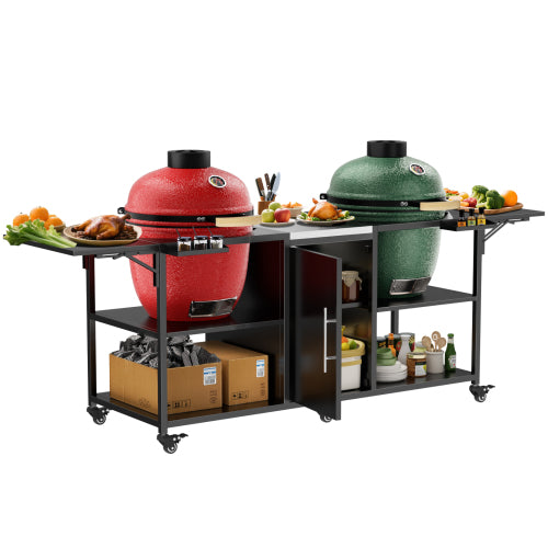 Outdoor Grill Cart for Two Big Green Egg, Metal Grill Table Compatible with Large Big Green Egg,Kamado Joe 18 Inch,and other similar models