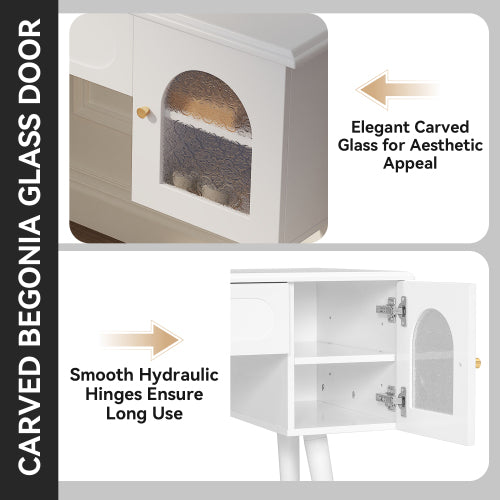 White Multi Purpose Vanity Table & Stool Set, Built in 2 Outlet & 2 USB Charging Port, Carved Glass Cabinet