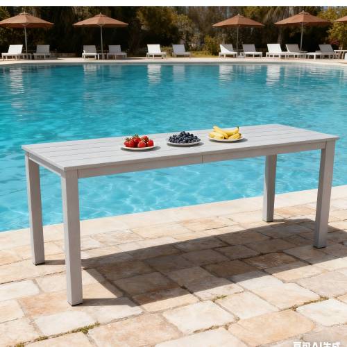 A wooden-textured imitation wood dining table, simple yet with a high quality feel. It has a small tabletop and is perfect for outdoor picnics. Light gray color, 68.9 inches long.