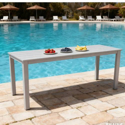 A wooden-textured imitation wood dining table, simple yet with a high quality feel. It has a small tabletop and is perfect for outdoor picnics. Light gray color, 68.9 inches long.