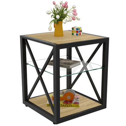 1 piece Modern End Table Nightstand for Bedroom & Living Room, Tempered Glass&Natural Wood MDF Top , Industrial Style Side Table