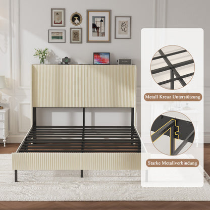 Full Size Platform Bed , Metal Bed Frame with Charging Station, No Box Spring Needed, (Beige), Noise Free,Easy Assemble.