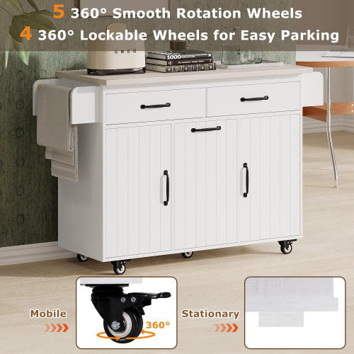 Kitchen Island Cart with Trash Storage Drop Leaf and Adjustable Shelves White