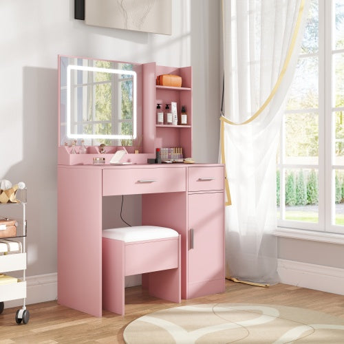 Lavin Pink Makeup Vanity Set with LED Mirror, Charging Station, Stool, 2 Drawers, Open Shelves & Storage Cabinet
