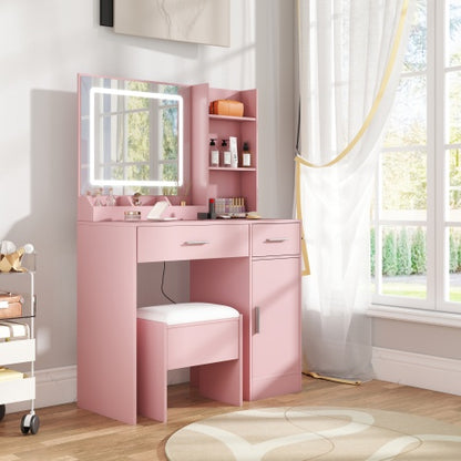Lavin Pink Makeup Vanity Set with LED Mirror, Charging Station, Stool, 2 Drawers, Open Shelves & Storage Cabinet