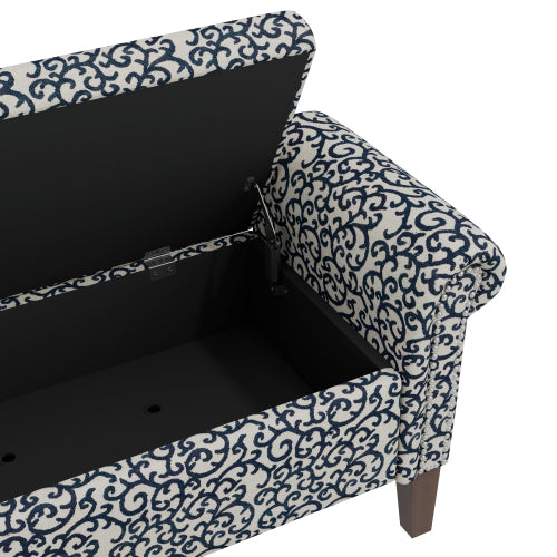Traditional Rolled Arm Storage Bench Ottoman with Pewter Nailhead Trim in Black Curly Vine Pattern with Dark Brown Solid Wood Legs