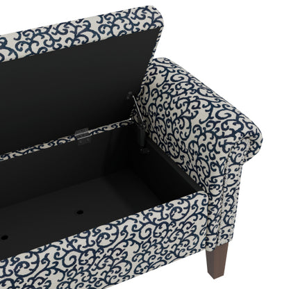 Traditional Rolled Arm Storage Bench Ottoman with Pewter Nailhead Trim in Black Curly Vine Pattern with Dark Brown Solid Wood Legs