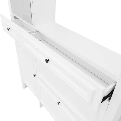 54.7 inch Hall Tree with Integrated Shoe Cabinet and Mirrored Cabinet Door, Coat Hanger, Entryway Bench, 4-in-1 Design, 2 Flip Drawers, 4 Hooks and 2 Cabinets for Entrance,Living Room