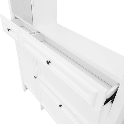 54.7 inch Hall Tree with Integrated Shoe Cabinet and Mirrored Cabinet Door, Coat Hanger, Entryway Bench, 4-in-1 Design, 2 Flip Drawers, 4 Hooks and 2 Cabinets for Entrance,Living Room