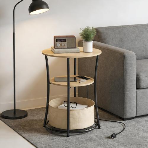Round Side Table with Charging Station 3 Tier Storage Fabric Bag