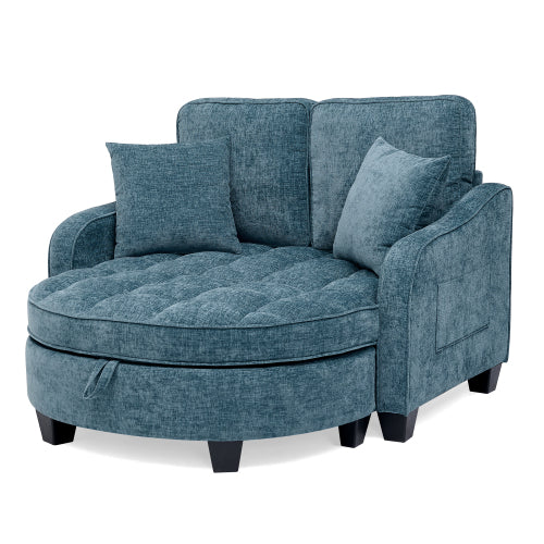 Blue 2-Seater Sofa Chaise, Irregular Armrest, Storage Footrest & 2 Pillows