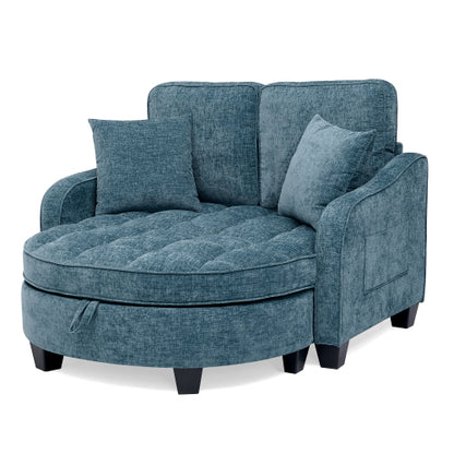 Blue 2-Seater Sofa Chaise, Irregular Armrest, Storage Footrest & 2 Pillows