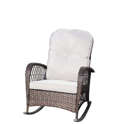 Outdoor Wicker Rocking Chair with Wide Seat, Thick, Soft Cushion, Rattan Rocker w/Steel Frame, High Weight Capacity for Patio, Garden, Backyard, Grey Cushion