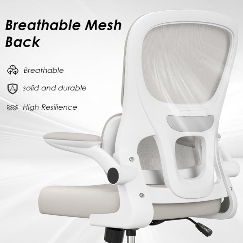 Office Chair, Mesh Ergonomic Office Chair with Lumbar Support, Comfy Computer Desk Chair with Flip Armrest Rolling Wheels for Home Study Room Office, White & Khaki