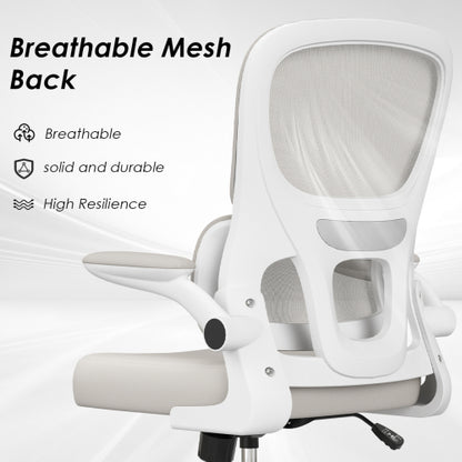 Office Chair, Mesh Ergonomic Office Chair with Lumbar Support, Comfy Computer Desk Chair with Flip Armrest Rolling Wheels for Home Study Room Office, White & Khaki