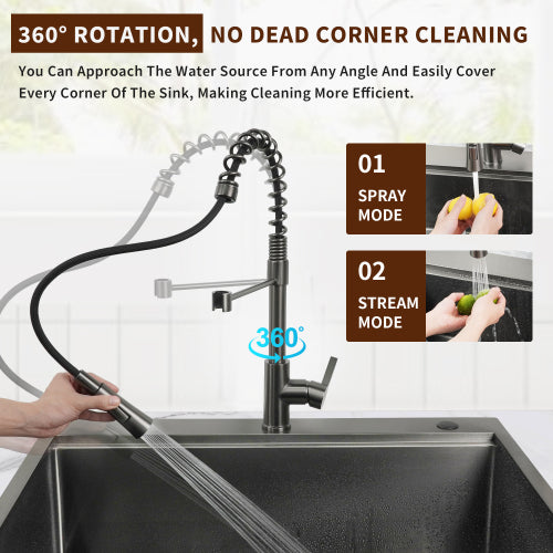27Inch Gunmetal Black Undermount 18 Guage Stainless Steel Kitchen Sink With Black Spring Neck Faucet