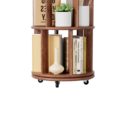5-Tier Solid Wood Rotating Bookshelf with Wheels Walnut