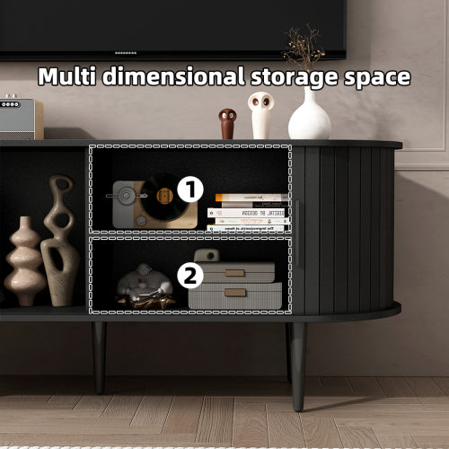 47 Inch Black Mid-Century TV Stand Sliding Fluted Door MDF Media Console with Metal Legs