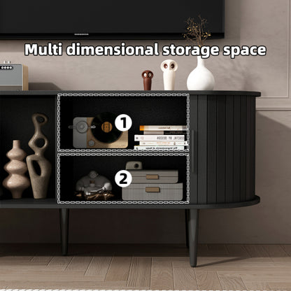 47 Inch Black Mid-Century TV Stand Sliding Fluted Door MDF Media Console with Metal Legs