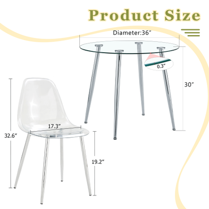 5-Piece Modern Round Glass Dining Set, Transparent Tempered Glass Table & Chairs with Silver Metal Legs