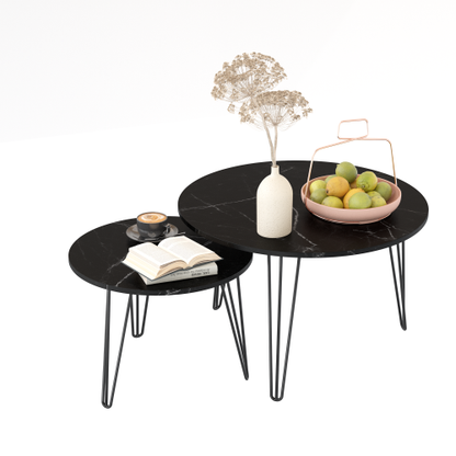 2-Piece Round Nesting Coffee Table, Faux Marble Top & Black Metal Base